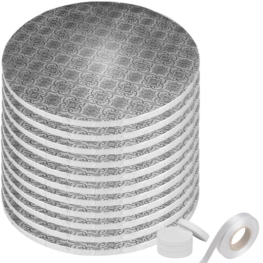 Silver Cake Drums Multipack (10" & 12"), Sturdy Seamless Greaseproof Cake Board Rounds, 1/2" Thick + Free Accessories (Matching Ribbon + Prop Up Tool)